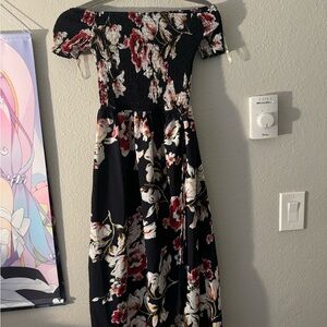 Parisian Works Black One-Shoulder Floral Maxi Dress with Red and Cream Flowers